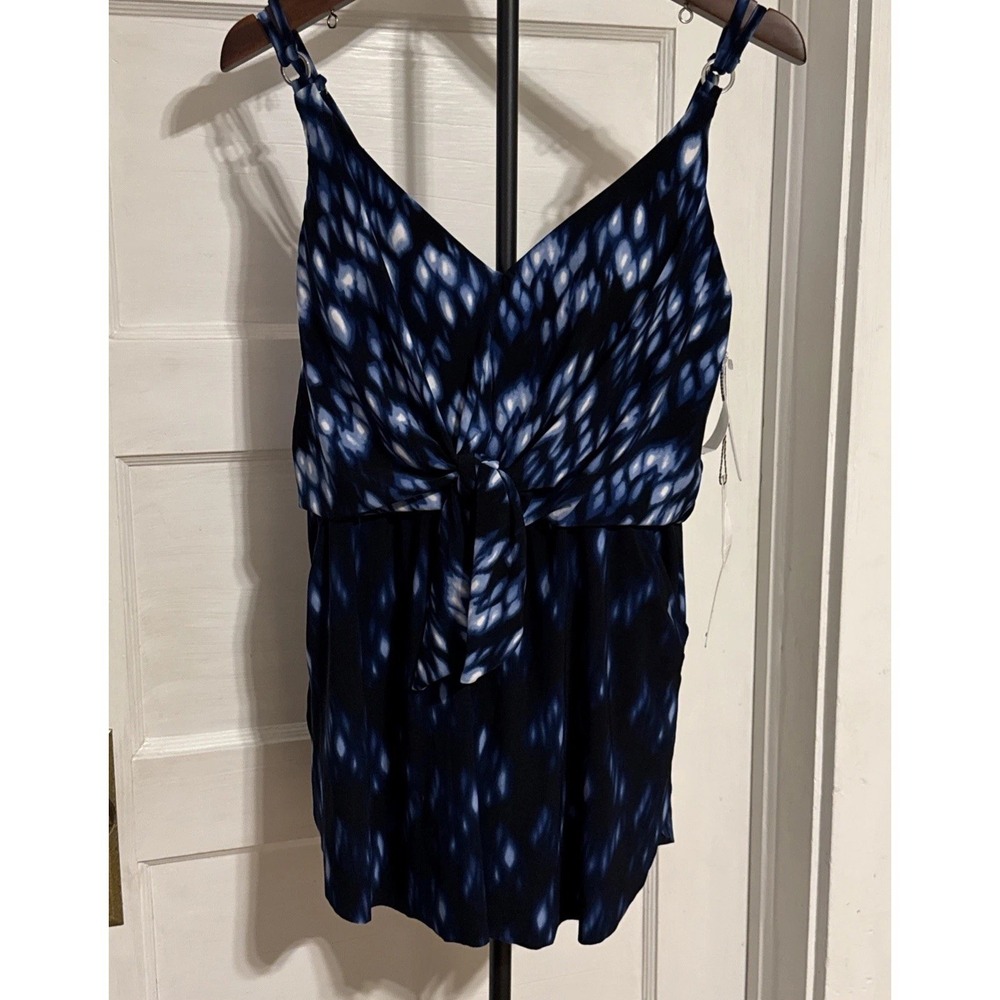 Magicsuit Womens Blue Multi Indigo V-Neck Tie Dye Kami Swim Dress Size 10 Pocket
